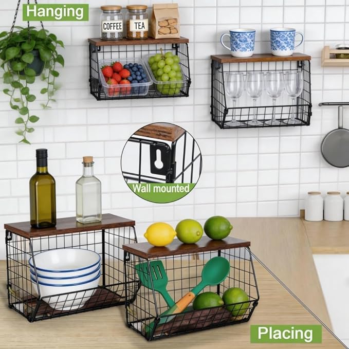 Wall Mounted Fruit Basket with Wood Lid, Hanging Kitchen Storage for Fruits, Vegetables, Potatoes, Onions | Heavy-Duty Carbon Steel & Solid Wood, Black, Space-Saving Countertop Organizer (L)