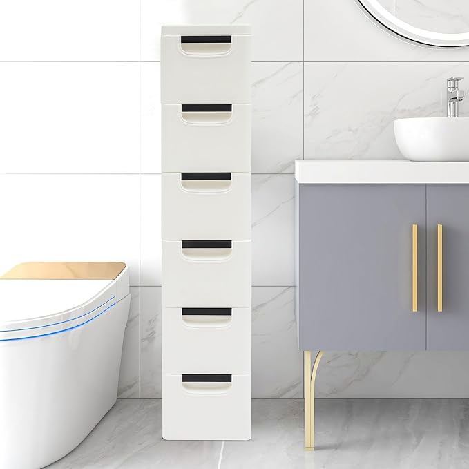 6 Drawers Narrow Slim Plastic Storage Cabinet,Storage Drawer with Wheels,6 Tier Drawers Dresser,Rolling Narrow Cabinet for Small Spaces Bathroom Kitchen Bedroom Living Room,White