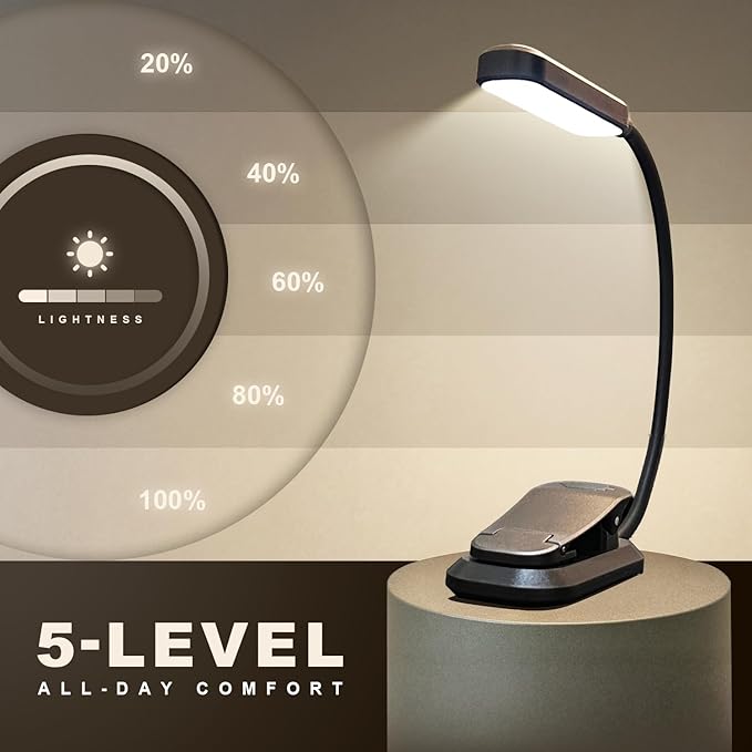 Rechargeable 20 LED Book Lights for Reading at Night - Energy Saving with Extended 60Hrs Runtime, 15-Level Stepless Dimming, Flexible Lightweight Clip on Light for Studying, Travel, Black