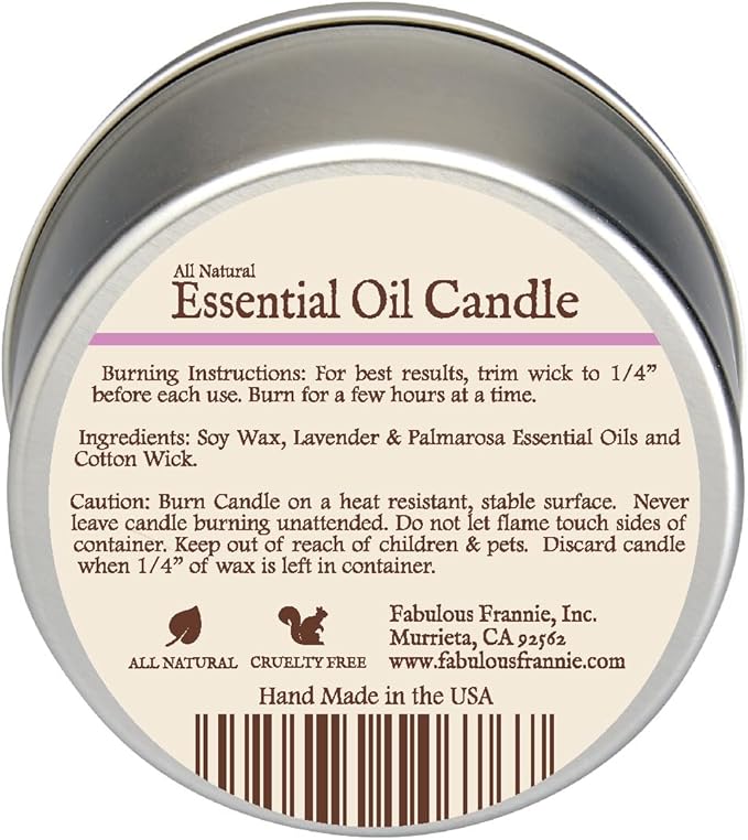 Fabulous Frannie All Natural Aromatherapy Soy Candle Travel tin Made with Pure Essential Oils 100 Hours Burn time 6oz (Lavender Rose)