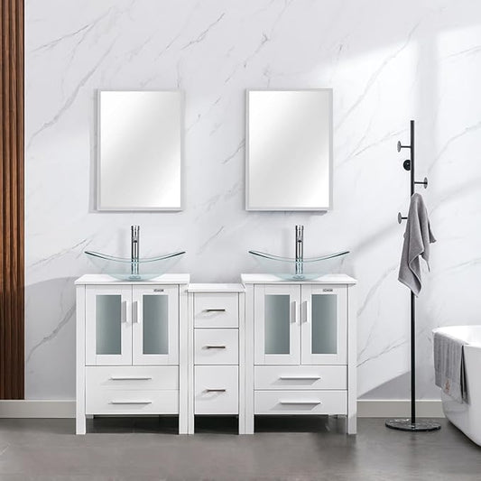 eclife 60" Modern Bathroom Vanity Sink Combo Freestanding Cabinet with Small Side Cabinet, Clear Boat Glass Vessel Sink, Water Save Faucet, Drain (White+A29TT)