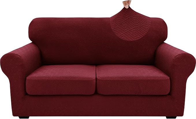XINEAGE 2025 New 3 Pieces Couch Covers for 2 Cushion Sofa Super Stretch Loveseat Slipcover Pet Dog Universal Slip Cover Anti Slip Love Seat Furniture Protector (Wine Red, 55"-69")