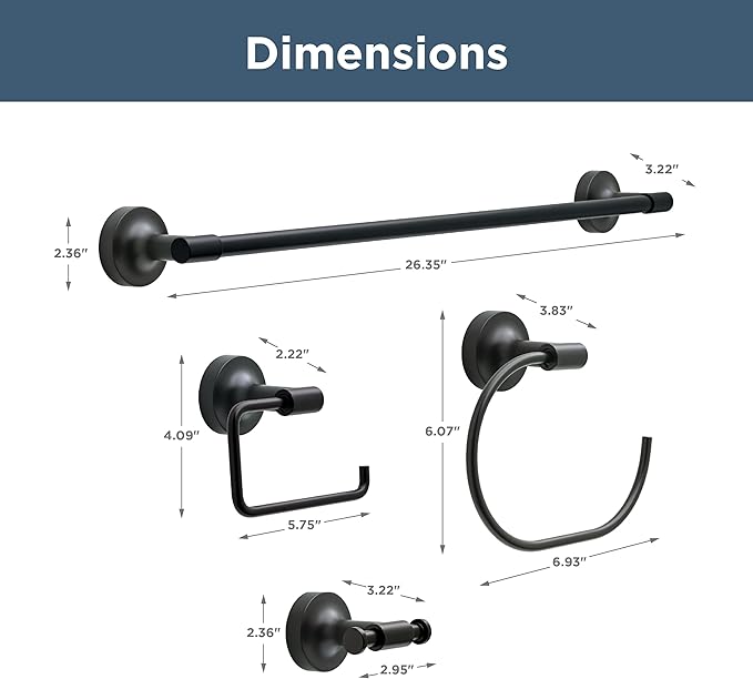 Franklin Brass Voisin (4-Pack) Bathroom Set Matte Black 24" Towel Bar Rack, Toilet Paper Holder, Hand Towel Holder, Hook | Bathroom Accessory Set Towel Holder Hardware Set VOI64-MB