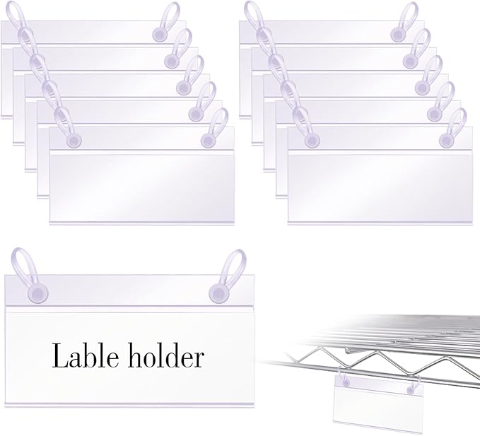 ELEMGULY Basket Label Holders, 20PCS Plastic Basket Label Clips with Easy Button Lock Design, Wire Shelf Label Holder Wire Rack Display Holder Price Sign for Home Market (20pcs Label Paper Included)