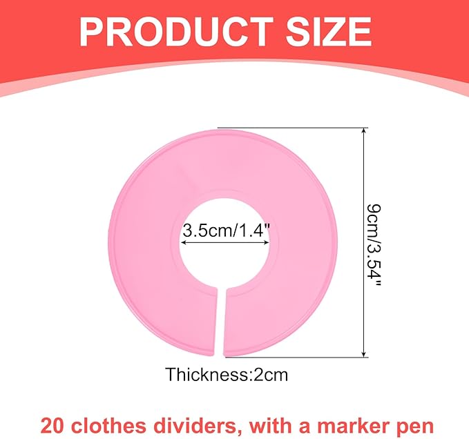 uxcell Clothes Dividers,20 Pack Round Closet Rack Dividers Clothing Rack Size Dividers Blank Labels with Marker Pen Writable & Reusable for Hanging Clothes Sorting Size, Pink