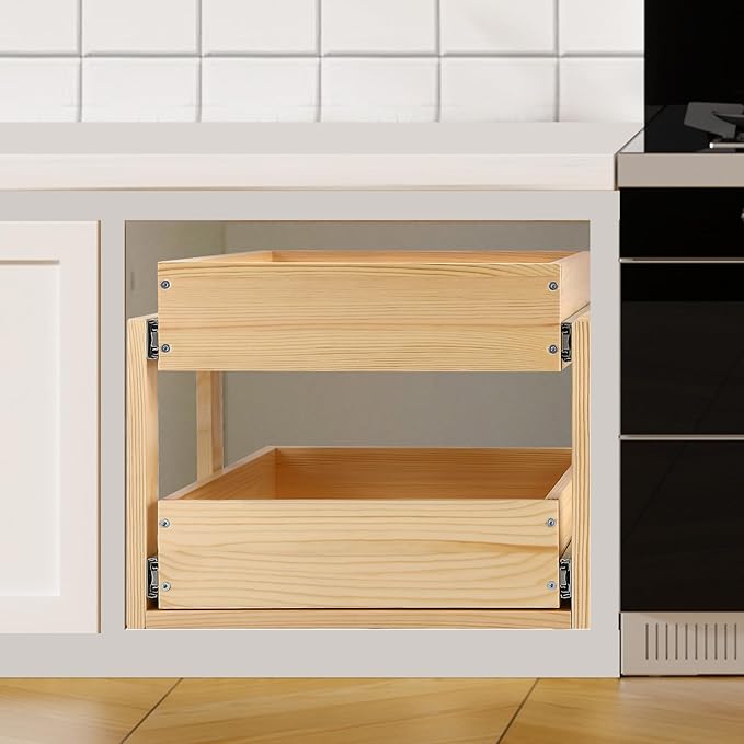 Pull Out Cabinet Organizer, 23''W×21''D×16''H Soft Close Slide Out Wood Drawer Shelves Storage for Kitchen, 2-Tier, Finished, Heavy-Duty, Bottom Assembly