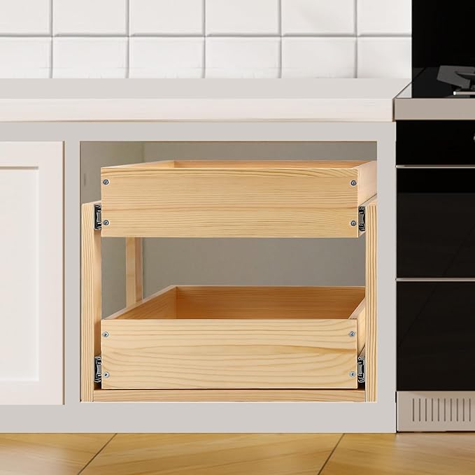 Pull Out Cabinet Organizer, 17''W×21''D×16''H Soft Close Slide Out Wood Drawer Shelves Storage for Kitchen, 2-Tier, Finished, Heavy-Duty, Bottom Assembly