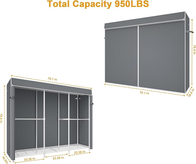 E14C Pro Heavy Duty Closet Organizer System，Freestanding Clothing Racks for Hanging Clothes，Adjustable Garment Rack 70.1"W × 16.6"D × 76.4"H Hold 960 lbs，White Rack with Grey Dustproof Cover
