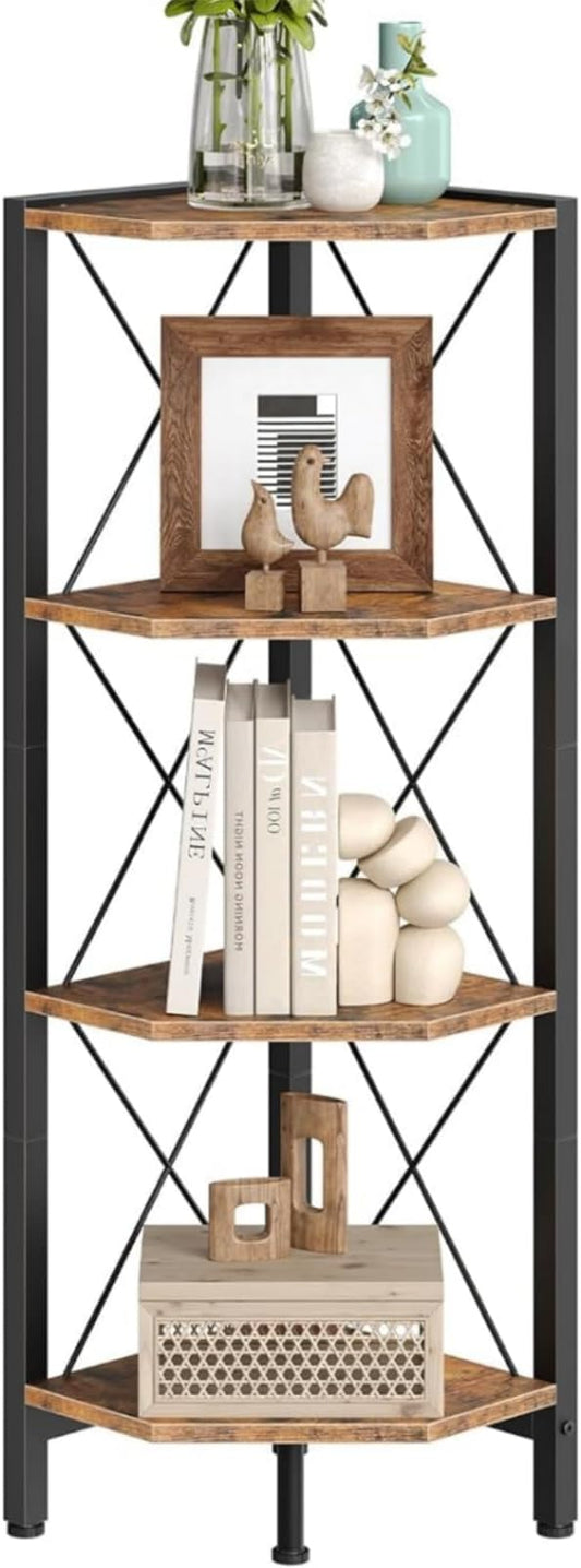 4-Tier Corner Shelf, Corner Bookcase, 43.3" Tall Vertical Display Rack, Plant Stand, Open Storage Shelf, for Living Room, Bedroom, Study, Kitchen, Rustic Brown and Black TCJ14BF