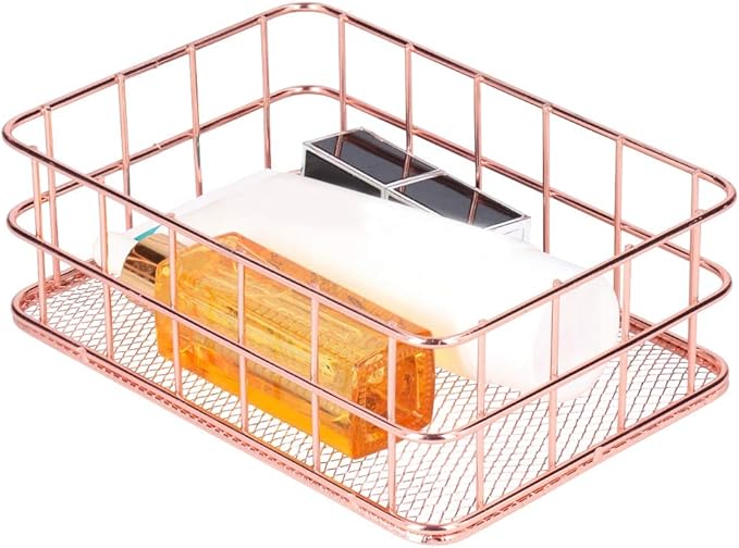 2PCS Nordic Simple Rose Gold Wrought Iron Storage Basket Desktop Organizer Container Household Storage Organizer for Living Room Bathroom Office Durable Iron Material Stylish Decor (Small Size)