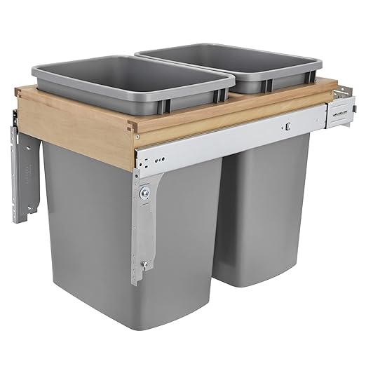 Rev-A-Shelf 35 Qt Top Mount Double Pullout Under Cabinet Kitchen Trash Cans w/Soft-Close, 150 Pound Rated Full-Extension Slides, 15" W, Gray, 4WCTM-18BBSCDM2 - Container Bins for Waste Management