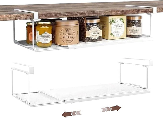 Expandable Hanging Under Shelf Storage Basket,Under Shelf Storage Basket Organizer,Under Hanging Baskets for Cabinet,Pantry, Desk Organization,8.27" D x 15.16"-27.76W x 7.68" H,White