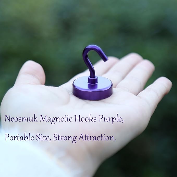 Neosmuk Magnetic Hooks Heavy Duty,Strong Magnet with Hook for Fridge, Super Neodymium Extra Strength Industrial Hooks for Hanging, Magnetic Hanger for Toolbox, Cruise, Grill(Purple,4 Pack)