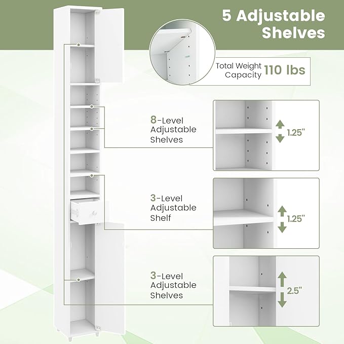 GOFLAME 71” Tall Bathroom Storage Cabinet, Narrow Freestanding Organizer with 1 Drawer, 2 Doors & 5 Open Shelves, Slim Bathroom Cabinet for Small Space, 8" x 8" x 71", White