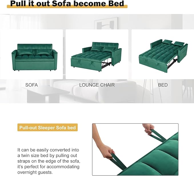 Convertible Sofa Bed, Pull Out Couch with Side Pockets, 3 in 1 Velvet Fabric Loveseat Sleeper Sofa Bed, Pull Out Couch with Adjustable Backrest for Living Room, Bedroom, Apartment, Green