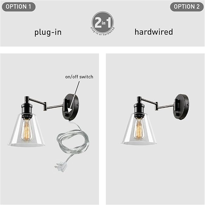Globe Electric 65311 1-Light Plug-in or Hardwire Industrial Wall Sconce, Dark Bronze Finish, On/Off Rotary Switch, 6ft Clear Cord, Clear Glass Shade, Wall Lights for Living Room, Apartment Essentials