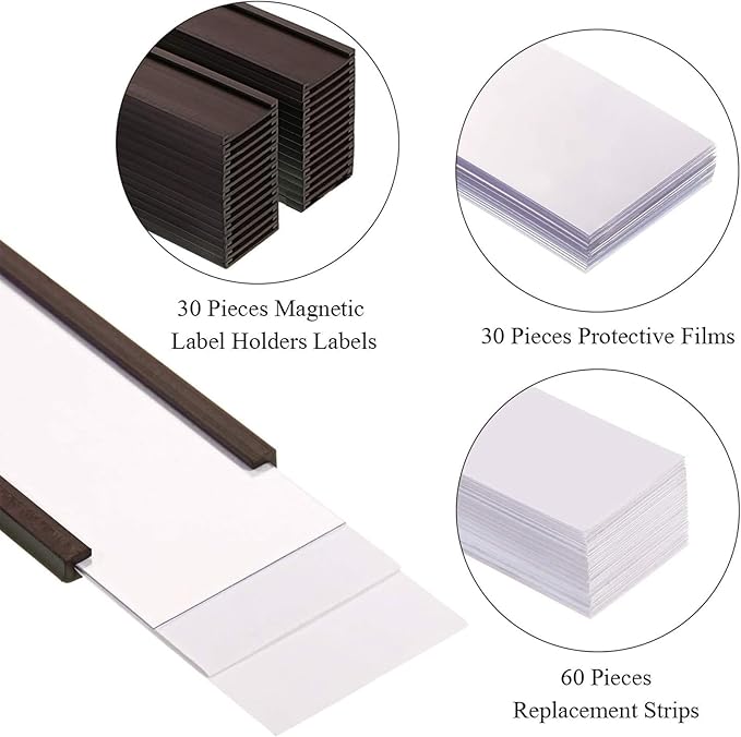 Outus 30 Pcs Magnetic C Channel Magnetic Labels Holders 3 x 0.8 Inch Toolbox Labels with 30 Pcs Protective Films and 60 Replacement Blank Paper Strips for Metal Shelf, Shelf Bin, Drawer