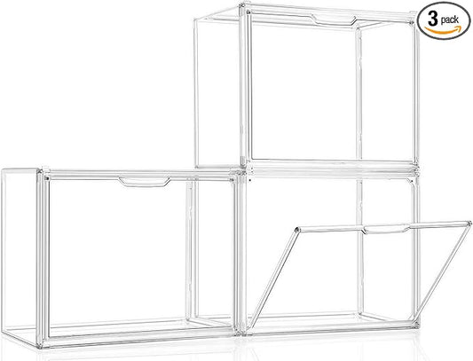 Clear Stackable Storage Bins, Acrylic Display Case, Acrylic Boxes with Lids, Magnetic Lid Storage Bins for Handbags & Purse, Large Figures Collectibles, Storage Box for Home Organization(3 Pack)