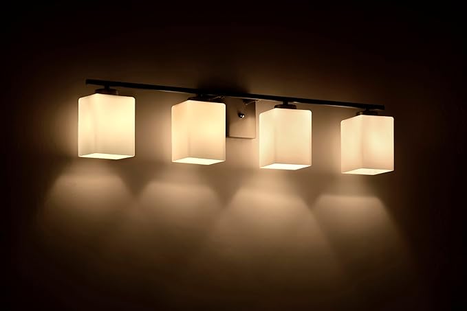 Edvivi Bathroom Light Fixtures, 4-Light Modern Brushed Nickel Vanity Light Over Mirror, Wall Sconces with Square White Glass Shades for Living Room, Bedroom, Hallway, E26 Base
