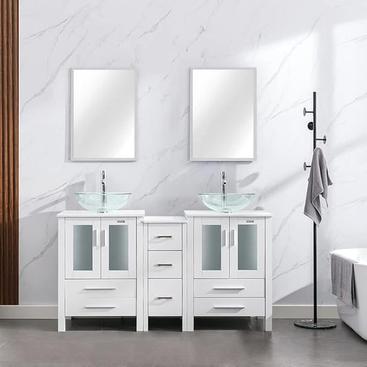 eclife 60" Modern Bathroom Vanity Sink Combo Freestanding Cabinet with Small Side Cabinet, Clear Round Glass Vessel Sink, Water Save Faucet, Drain (White+A16)