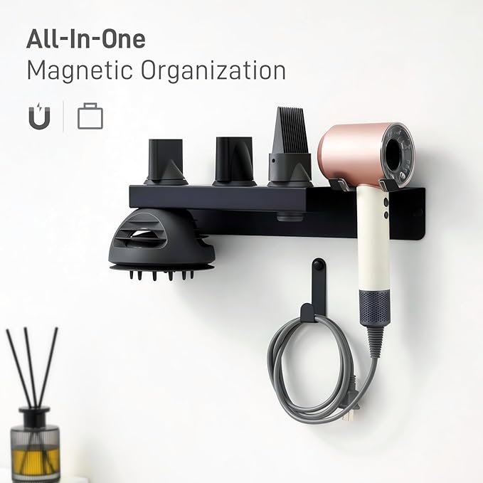 Dyson Hair Dryer Holder, Dyson Hair Dryer Wall Mount with Magnetic Attachment Storage, Dyson Blow Dryer Holder SUS304 Stainless Steel with Cable Management for Bathroom Salon PTALSEAW