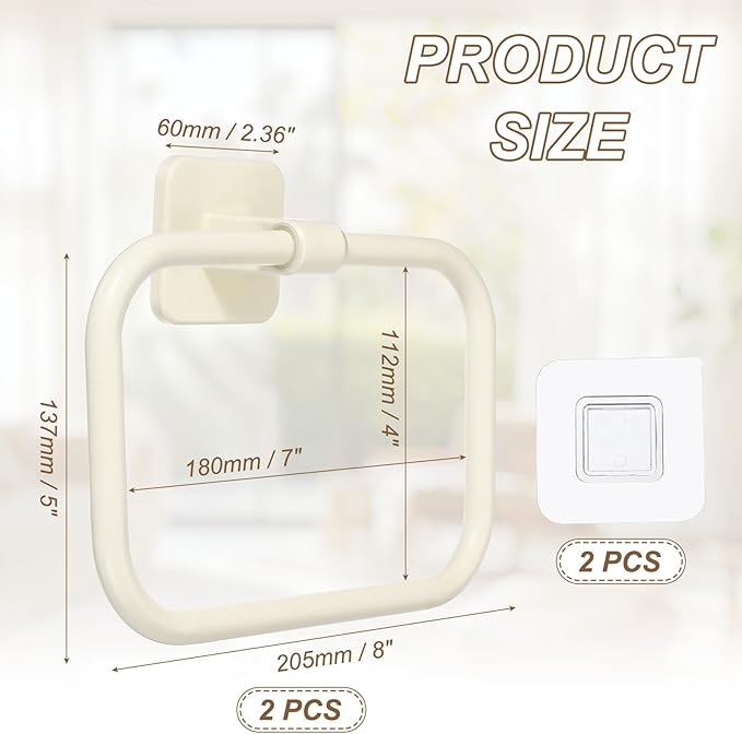 uxcell Self Adhesive Towel Holder, 2Pcs Bathroom Hardware Wall Mounted Aluminum Rectangle Ring Towel Hanger for Bathroom Toilet Kitchen, White