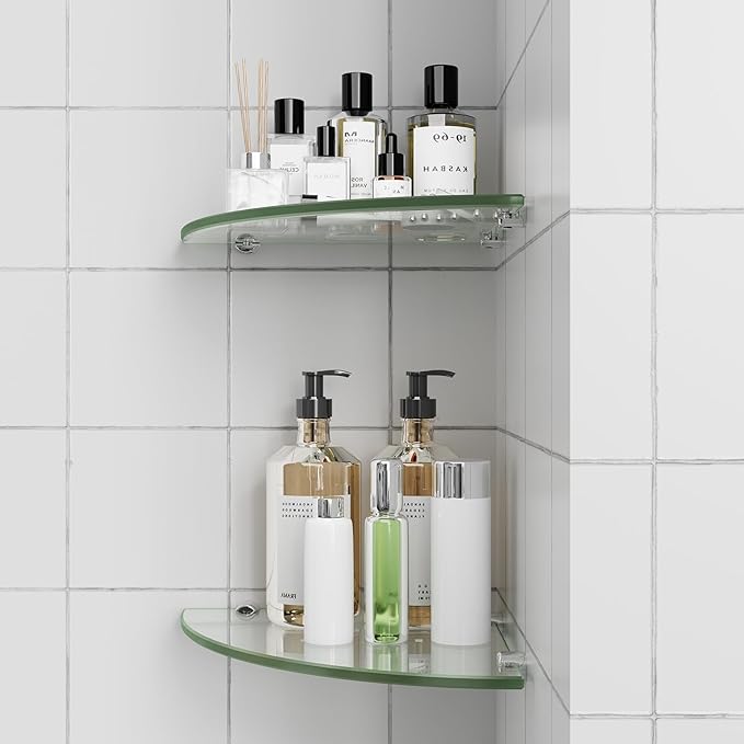 2-Pack Glass Shower Caddy, 10" Corner Glass Shower Shelf, 5/16"(8mm) Tempered Glass, Wall Mount Shower Organizer for Bathroom, Kitchen, Shower Room