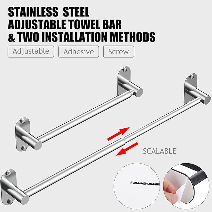 Towel Bar, Adjustable 14.4inch - 25.2inch Towel Rack, Self Adhesive & Wall Mounted for Bathroom Kitchen Hand Towel Holder Cloths Hanger SUS 304 Stainless Steel Organizer Single Bar (4, Chrome)