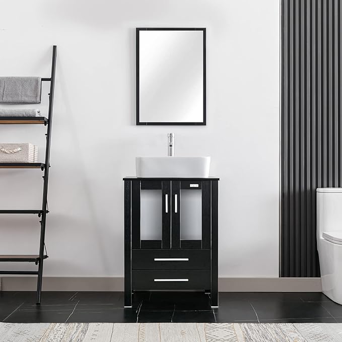 eclife 24" Modern Bathroom Vanity Sink Combo Freestanding Cabinet with Soft Closing Door, White Rectangle Ceramic Vessel Sink, Water Save Faucet, Drain (Black+T03)