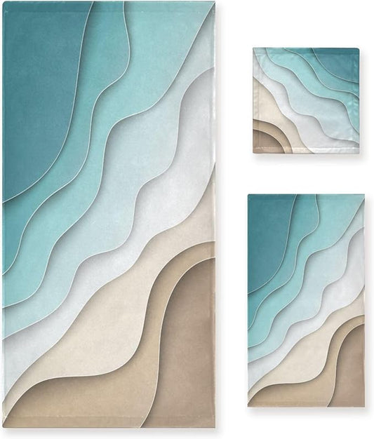 Turquoise Brown Cream Gradient Bath Towels Set,Ultra Soft 3 Piece Abstract Beach Theme Ocean Towels for Bathroom,1 Bath Towel 1 Hand Towel 1 Washcloth,Absorbent Decoractive Bathroom Towels