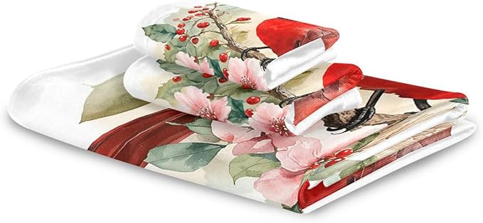 Christmas Winter Towels Set of 3 Red Cardinal Bird on Beautiful Flowers Bathroom Towel Soft Absorbent Bath Hand Towels Washcloth Guest Towel Sets Xmas Holiday Decor