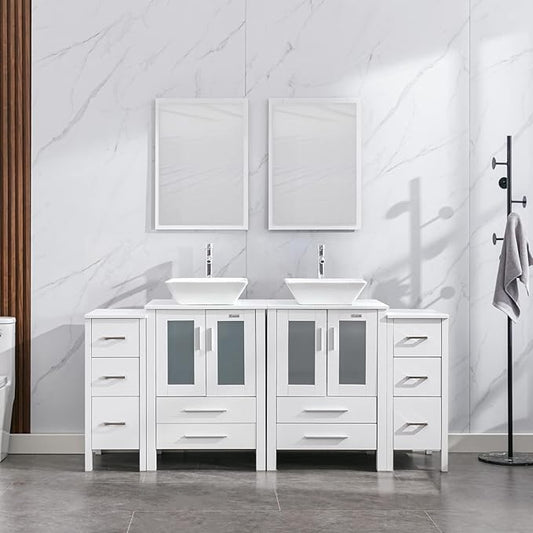 eclife 72" Modern Bathroom Vanity Sink Combo Freestanding Cabinet with Small Side Cabinet, White Square Ceramic Vessel Sink, Water Save Faucet, Drain (White+A07)