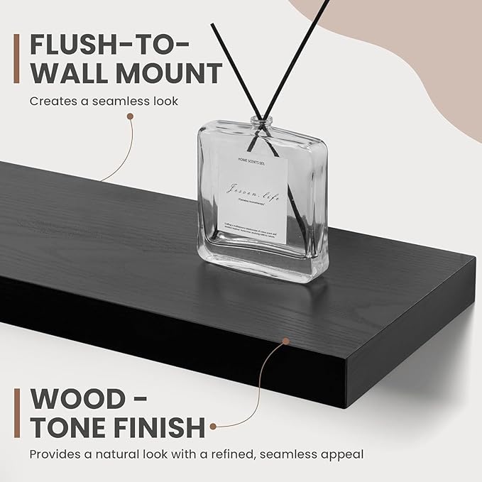 72 Inch Floating Shelves, 8 Inch Deep Floating Shelves for Wall, Hanging Shelf with Invisible Brackets, Deep Shelves for Bathroom, Bedroom, Living Room, Black, Set of 2
