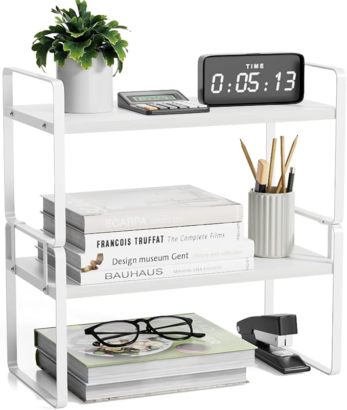 YGYQZ Desk Organizer Shelf，2 Tier Detachable Table Top Bookshelf, Freestanding Display Shelf for Office, Dormitory, Home,White+White