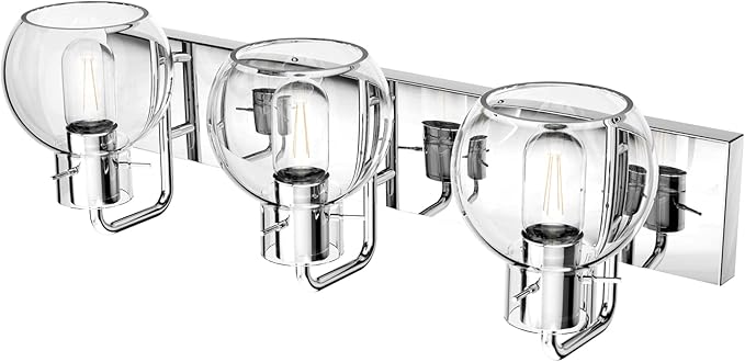 Tipace Modern Bathroom Vanity Lighting Fixtures 3-Lights Industrial Stainless Steel Chrome Finish with Globe Clear Glass Vanity Lights Farmhouse Bath Lighting(Exclude Bulb)