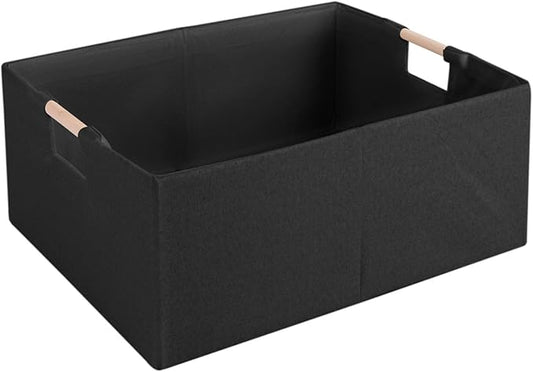 Fabric Storage Bin Box Foldable Cotton Linen Storage Basket with Wooden Handles Rectangular Cube Decorative Home Laundry Organizer Clothes Blanket Container – Black, Small