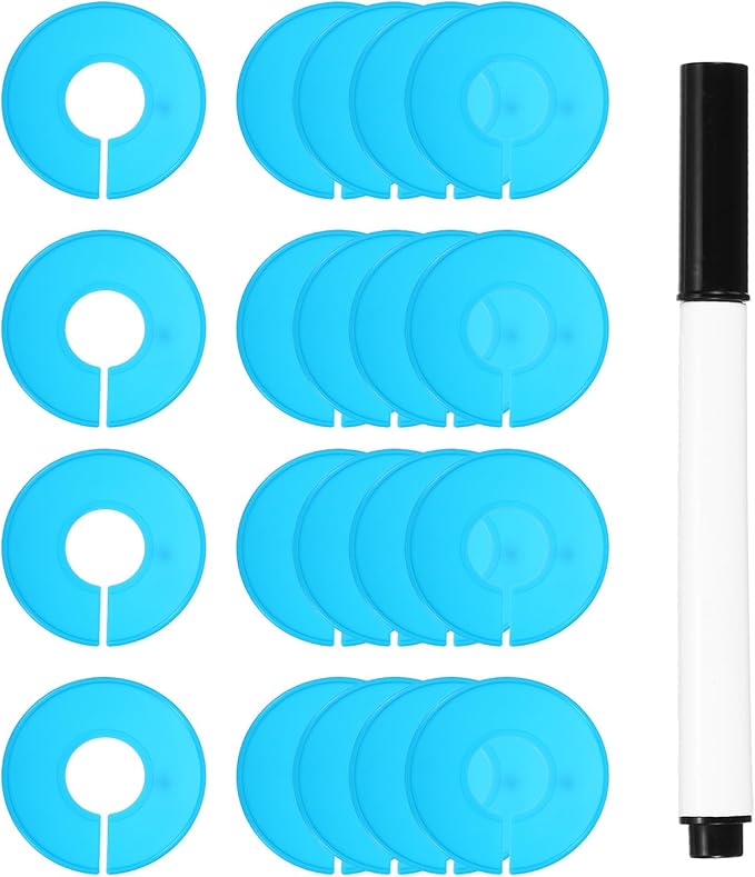 uxcell Clothes Dividers,20 Pack Round Closet Rack Dividers Clothing Rack Size Dividers Blank Labels with Marker Pen Writable & Reusable for Hanging Clothes Sorting Size, Light Blue