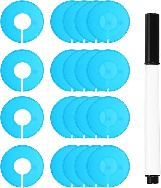 uxcell Clothes Dividers,20 Pack Round Closet Rack Dividers Clothing Rack Size Dividers Blank Labels with Marker Pen Writable & Reusable for Hanging Clothes Sorting Size, Light Blue