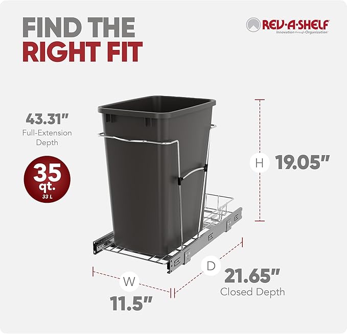 Rev-A-Shelf Pullout Trash Can for Kitchen Cabinets 35 Qt Garbage Waste Recycling Bin with Full Extension Slides, Orion Gray, RV-12KD-13C-S