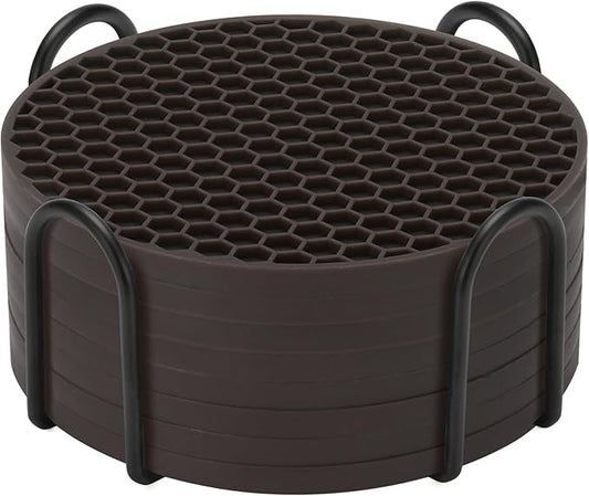 Silicone Coaster Set of 8 with Holder, Drinks Coasters, Coffee, Anti-Slip, Non-Stick, Anti-Overflow Tabletop Protection and Decor (8 Pcs, Coffee)