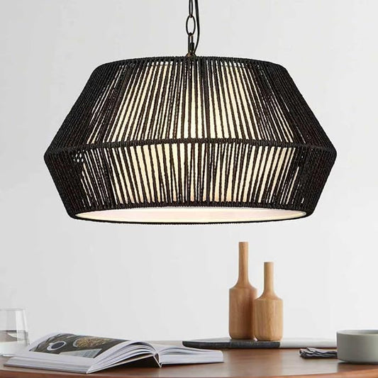 ELYONA 20" Modern Chandeliers for Dining Room, 4-Lights Large Rattan Chandelier Light Fixture with Fabric Shade Adjustable Boho Woven Hanging Pendant Light for Kitchen Island Living Room Bedroom Black