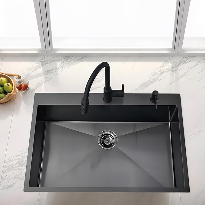 33″x22″x9″ Drop In Black Kitchen Sink, Top mount Stainless Steel Gunmetal Black Sink 16 Gauge Single Bowl, Handmade Commercial Modern Prep Kitchen Sinks