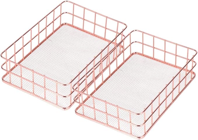 plplaaoo 2PCS Nordic Simple Rose Gold Wrought Iron Storage Basket Desktop Organizer Container Household Storage Organizer for Living Room Bathroom Office Durable Iron Material Stylish Decor (L)