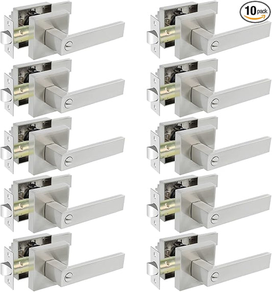 KAMOTA Privacy Door Levers, 10 Pack Satin Nickel Door Handles Bed and Bath Door Locks Interior Keyless Locksets, Left and Right Hand Reversible