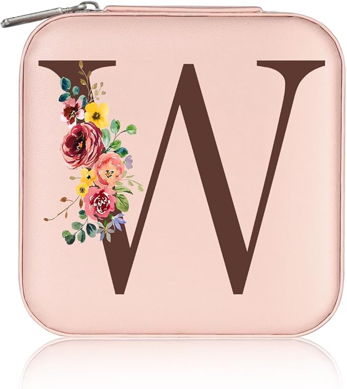 Parima Travel Jewelry Case Box - Personalized Small Initial Case Organizer Jewelry Boxes Travel Essentials for Women Birthday Mom Friends Women Gifts - Letter W, Pink