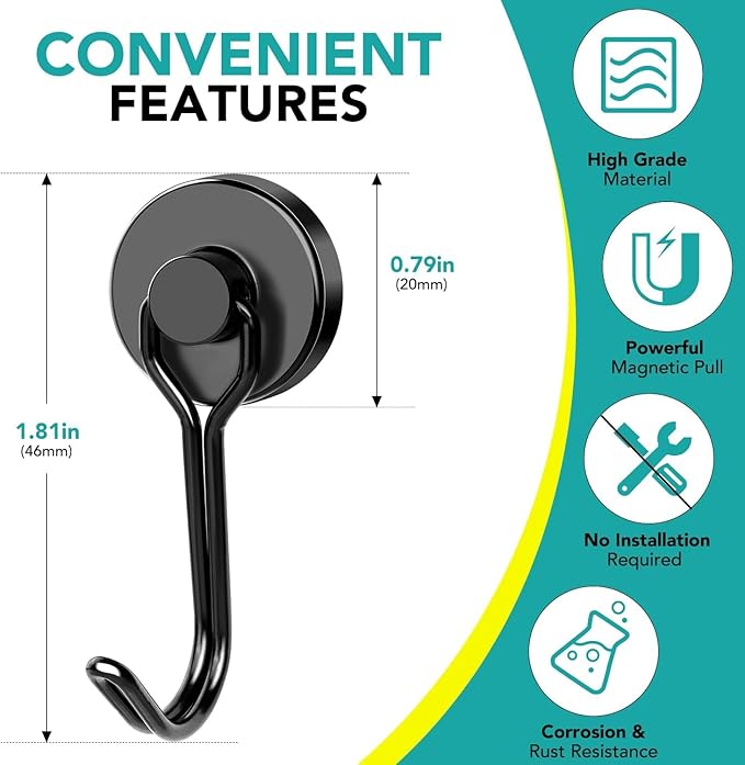 DIYMAG Black Magnetic Hooks, 120LBS Strong Magnetics Heavy Duty, Magnet Hook with Metal Hanger for Hanging Refrigerator Home Kitchen Office, 16Pack
