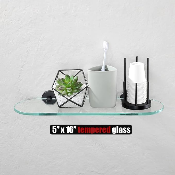 JQK Bathroom Glass Shelf Black, Tempered Glass Shower Storage 16 by 5 inches, 304 Stainless Steel Matte Black Wall Mount 2 Pack, TGS121L16-PB-P2