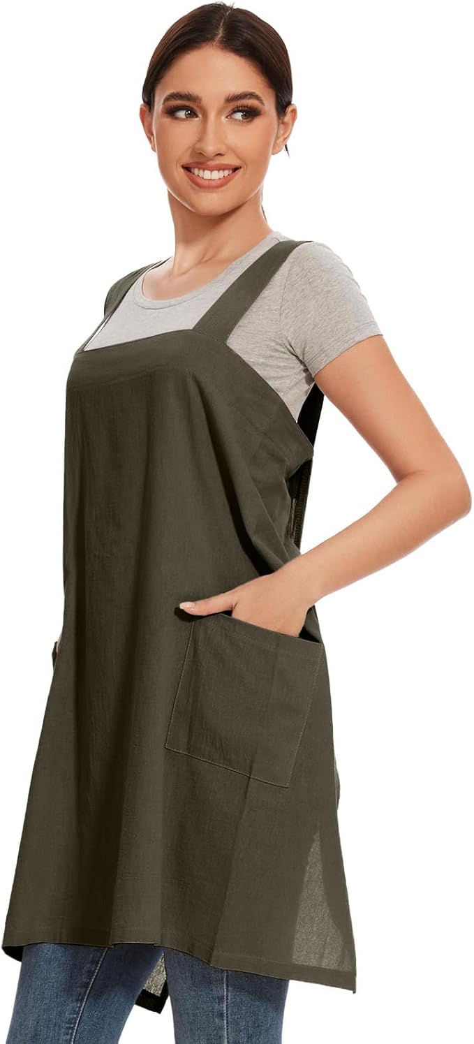 Women Apron with 2 Pockets Cotton Linen Kitchen Baking Cooking Chef Cross Back Pinafore Dress