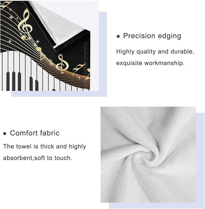 3 Piece Black White Gold Music Theme Bath Towel Set,Microfiber Golden Musical Notes Piano Instrument Decorative Guest Bathroom Towels,1 Bath Towel 1 Hand Towel for Kitchen,1 Washcloth for Face