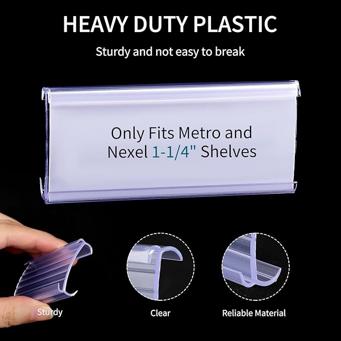 100Pcs Wire Shelf Label Holders with Label Paper Inserts, Label Holder Plastic Shelf Tags Compatible with Metro 1-1/4 inch Shelves, Removable Wire Rack Label Holder Display Clip